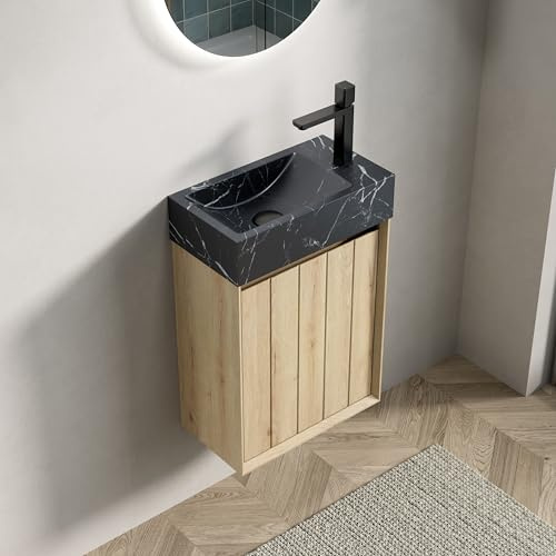 Meuble de lavabo avec lavabo en marbre naturel - 40 cm - Montage mural - Marbre noir avec aspect chêne blanc - Porte à fermeture douce - Peu encombrant - Pour toilettes d'invités et petite salle de