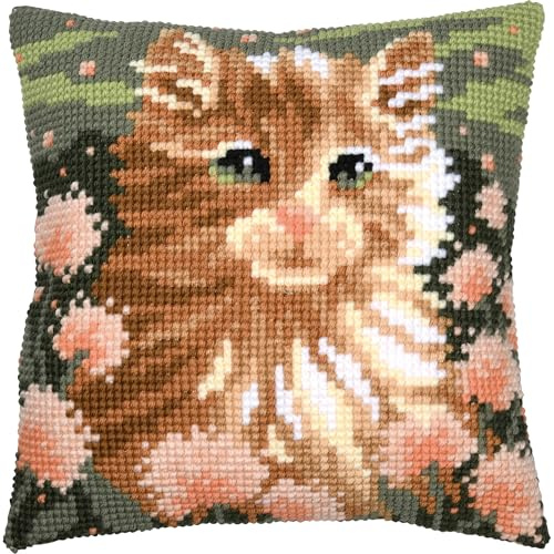 Vervaco Kreuzstich Stickpackungen Kissen Stickerei Set Anfänger Vorgedruckt KÄTZCHEN DIY Set Kreativ Set Für Erwachsene Dekoratives Kissen 40 x 40 cm Bastelset Handwerker Haus Dekoration