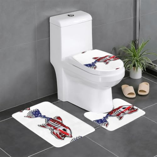 WHJSSF USA-Badteppich-Set, Knochenfisch-Aufdrucke, 61 x 40,6 cm, ultraweiche Plüsch-Badematten für Spa-Komfort, 3-teilig