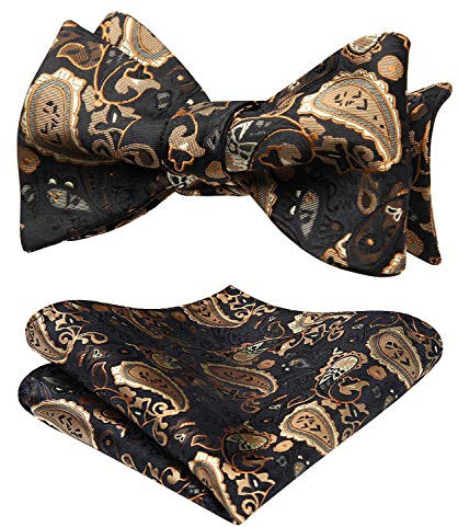 HISDERN Fliegen für Herren Gold/Schwarz Fliege mit Einstecktuch Set Klassische Paisley Selbstgebundene für Bräutigam Hochzeit Party Smoking