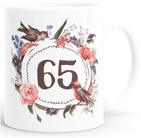MoonWorks Geburtstags-Tasse 65 fünfundsechzig Geschenk-Tasse Kaffee-Tasse Blumen Blüten Blumenkranz weiß Unisize