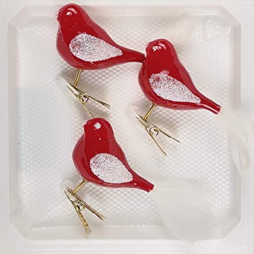 3 TLG. Glas Vogel Set in Hochglanz Modern Rot Weiss - Edle Neuheit - Christbaumkugeln - Weihnachtsschmuck-Christbaumschmuck