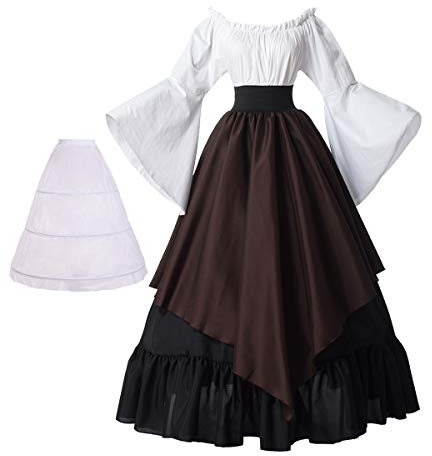 BPURB Damen Mittelalter Kleidung Renaissance Kostüm Kleid Trompete Ärmel Viktorianische Kleider (Hemd und Rock mit Petticoat) (Schwarz/Kaffee, M)