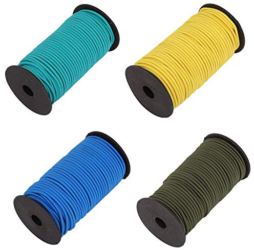 WedDecor 4mm Wide Bungee Rope Shock Cord, Stretchy Strap, Round Elastic String for Sewing, Canopy Ties, Kayaks, Backpacks, DIY Craft Projects, Tarpaulins, Yellow + Olive + Blue + Green, 200 Metres