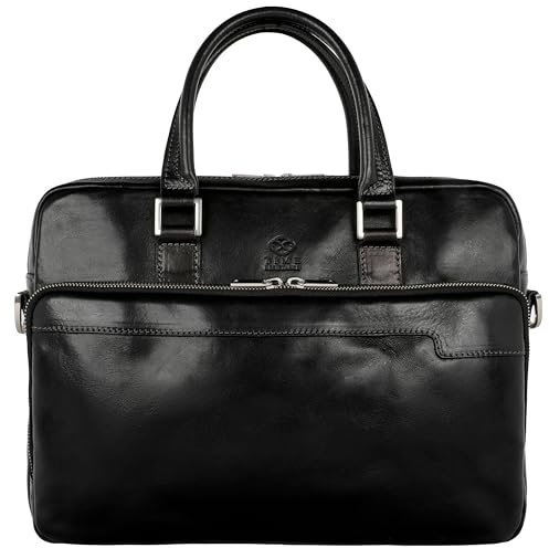Time Resistance Aktentasche Leder Laptoptasche mit Schultergurt - Handgefertigt in Italien - Arbeitstasche - Businesstasche - Umhängetasche - Schwarz