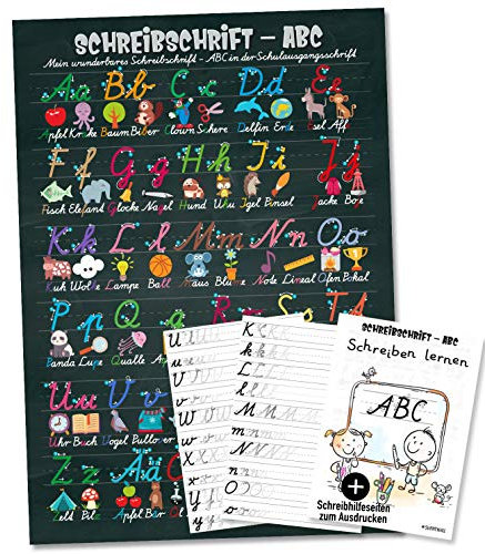Sunnywall® Lernposter: Mein ABC in der Grundschrift (GS) in A1-59 x 84 cm + Schreiblernblätter zum Ausdrucken Schreibschrift
