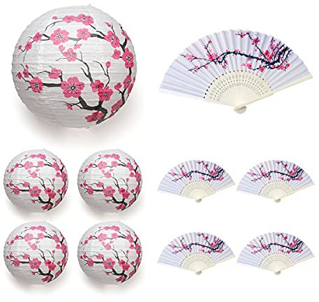 5Pcs Chinese Japanese Cherry Design Paper Lamp for Shade and 5Pcs Silk Folding Hand Fan for Church Wedding Gift Party Favors DIY Decoration