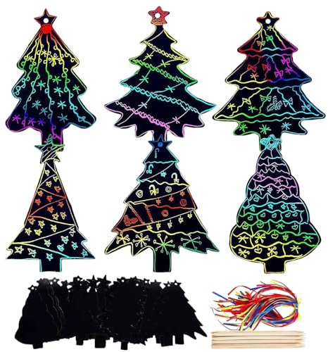 WELLXUNK 48 Stück Kratzbilder für Kinder, Weihnachts-Kratzpapier, Weihnachts-Kratzbilder-Set für Kinder, Regenbogen-Kratzpapier-Set, für Christbaumschmuck