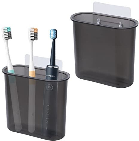 2 Packs Toothbrush Holder Wall Mounted, Toothbrush Organizer No Drilling Waterproof Electric Toothbrush Holder for Toothpaste Razor Makeup Brush for Shower Bathroom Kitchen(Black)