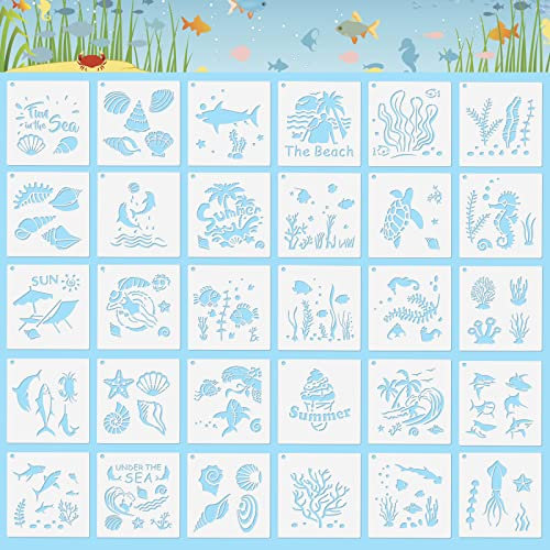 30 Stück Meer Schablonen für Malerei Kunststoff Meer Ozean Tiere Schablonen Zeichenschablonen Wiederverwendbar DIY Malschablonen für Holz Fenster Journal Scrapbooking Karten Wanddeko Möbel