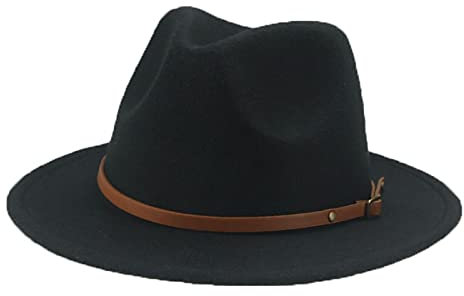 QBQZXAOSOWH Fedora Trilby Hüte Für Frauen Fester Gürtel Fedora-Kleid Hochzeit Schwarzer Fedora-Hut 52-54 cm (Kinder) Schwarz