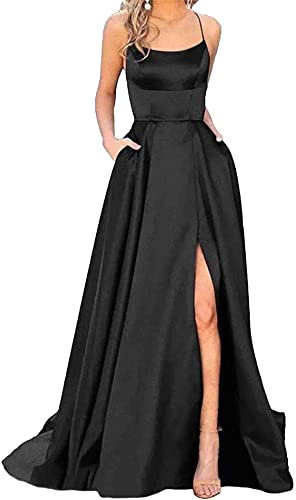 HAHAEMMA Damen Elegant Lange Ballkleider mit Taschen Satin A-Linie Backless Hochzeitskleid Abendkleider Sexy Neckholder Spaghetti Brautkleid Kleider Lang Prinzessin Brautjungfer Kleid (BL-M)