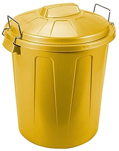 Tradineur - Cubo de Basura de plástico, Tapa y Asas metálicas, contenedor de residuos, Papelera, Reciclaje, Industrial, Fabricado en España (Amarillo, 51 litros)