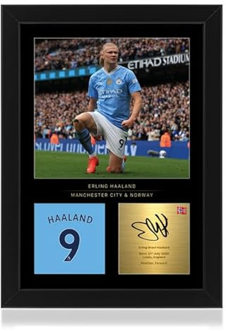 Win FC Erling Haaland Signiertes A4 gerahmtes Foto – Reproduzierte digitale Signatur – Geschenk für Manchester City Fans