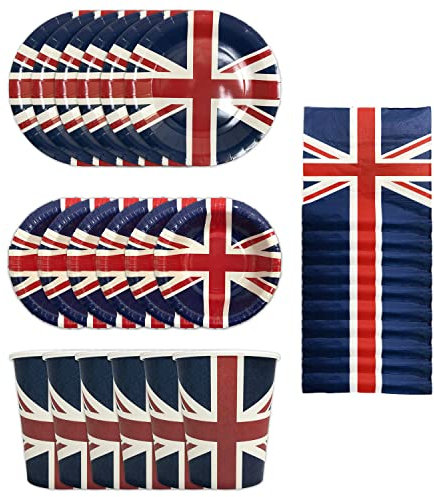 Union Jack Paper Plates, Bowls, Cups & Napkins - 30 Piece Set