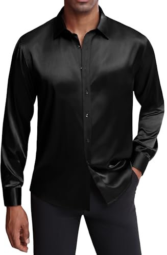 J.VER Men's Silk Satin Long Sleeve Dress Shirts Shiny Casual Button Down Shirt Luxury Party Prom Shirts, Black, Large