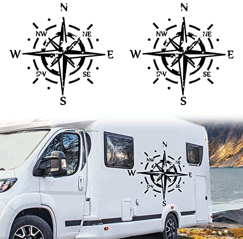 Sticker Boussole Vintage Déco - Kit stickers Van Life - Autocollant voiture moto - Stickers Boussole - Pack de 2 unités (40x40 cm, Noir)