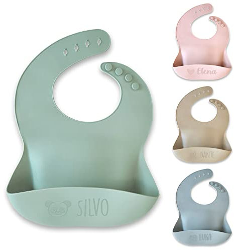 Bavaglino in silicone personalizzato con nome - Stellasticker - Testo inciso nel silicone ultra resistente e vasca raccogli cibo. Resistente in lavastoviglie (Beige)