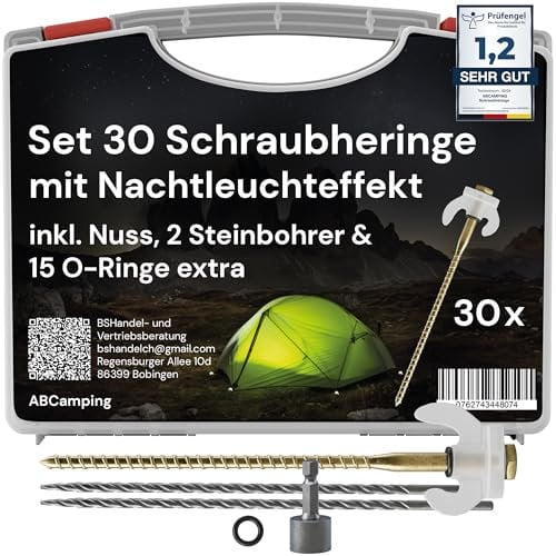 Set de 30 Piquets de Tente à Vis Robustes avec Coffret – Piquets Spirales pour Sols Durs et Mous – 2 Embouts de Perçage + Douille Inclus – Idéal pour Tentes, Abris, Bâches et Auvants