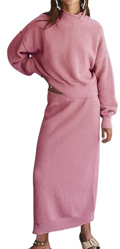 FACDIBY Damen 2 Stück Pullover Rock Set Casual Langarm Rollkragen Pullover Bleistiftrock Outfits Lounge Sets, Pink, S