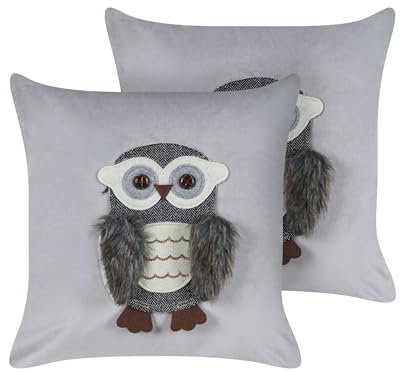 Beliani Dekokissen 2er Set Samtstoff grau 45 x 45 cm Eule Motiv Kinderzimmer Ophrys