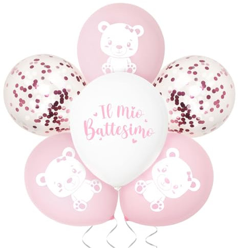24pz Palloncini Il Mio Battesimo, Allestimento Decorazione Addobbi Bimba Bambina, Orsetto Rosa Bianchi