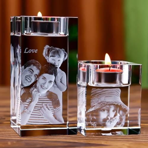 Candelabro de cristal grabado con foto personalizada, marcos de fotos de cristal 2D personalizados en portavelas de luz de cristal, regalos para mamá, papá, hombres, mujeres, aniversario, Navidad,