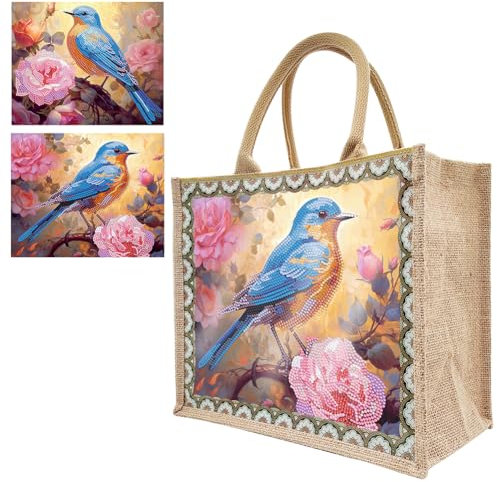 Starnearby DIY Diamond Painting Tasche, 5D Diamant Painting Tragetasche mit Innentasche und Reißverschluss Stofftasche Shopper, Wasserdichtr Einkaufstasche mit 2 Austauschbaren Leinwänden (Vogel)