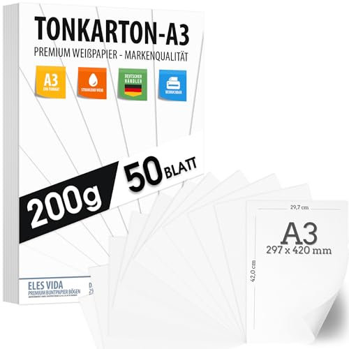 50 BLATT A3 weißer Bastelkarton 200g/m² – PREMIUM PAPIER Reinweiß - DIN A3-29,7x42cm - Druckerpapier Weiss unbedruckt für Fotografie, Präsentationen, Basteln, TONKARTON, Karton - MADE IN GERMANY