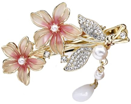 yangzerang Crystal Hair Clips Pearls Alligator Hairpins Small Mini Flower Hair Barrettes Hair Pink Flower Hairpin Shining Hair Accessories for Women and Girls Gold Tone