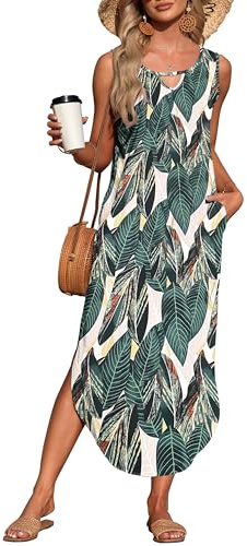 AUSELILY Sommer-Maxikleid für Damen ärmellos Blattmuster L