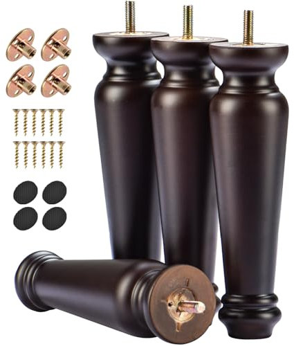 TCHOSUZ 8 inch / 20cm Wooden Furniture Legs, Pack of 4 Classic Walnut Solid Wood Turned DIY Replacement Bun Feet with M8 Hanger Bolts & T-Nuts for Sofa Couch Cabinet Ottoman Bed Riser
