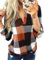 Cuptacc Oberteile Damen Elegant Langarm Plaid V Ausschnitt Casual Tunika Slim Lose Oberteile Orange XL 46-48