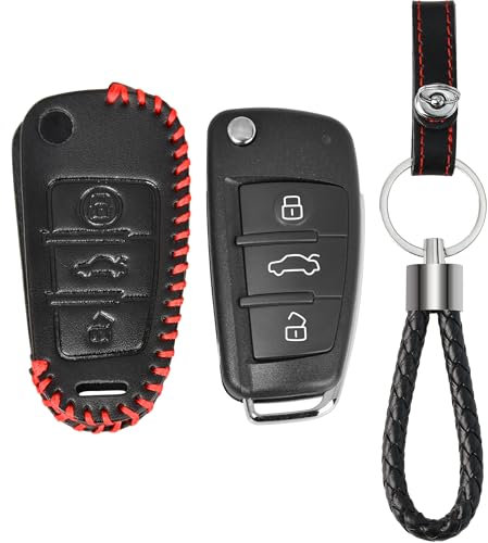 Arcets Coque de Clé avec Étui en Cuir Compatible pour Audi A1 A3 A4 A6 A8 TT Q5 Q7 R8 Remplacement Boîtier Télécommande à 3 Boutons