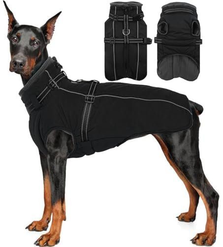 Lelepet Hundemantel für den Winter, Warme Hundejacke mit integriertem Geschirr, Winddicht Mantel mit Fleece Gefüttert für Hunde, Reflektierende Hundeweste für Kaltes Wetter, Schwarz M