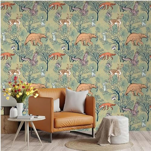 Papier Peint Panoramique Lapin Hibou Jaune Papier Adhesif pour Meuble Salonpapier Peint Adhesif Mural Papier Peint Intissé Facile à Peler Papier Adhésif Décoratif Cuisine 45x300cm