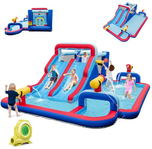 COSTWAY 9 en 1 Château Gonflable avec Doubles Toboggans Aquatiques & Souffleur 680W, Aire de Jeux Gonflable avec Zone de Saut & 3 Canons à Eau & Piscine, Charge 135kg pour 3 Enfants de 3-5 Ans