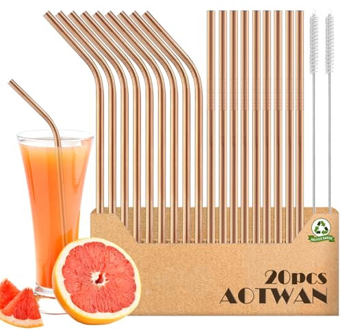 AOTWAN Strohhalme Edelstahl Trinkhalme Edelstahl Roségold Metall Strohhalm Wiederverwendbar Enthalten 9 Gerade +9 Gebogen +2 Reinigungsbürsten Edelstahl Strohhalm für Cocktails, Smoothie