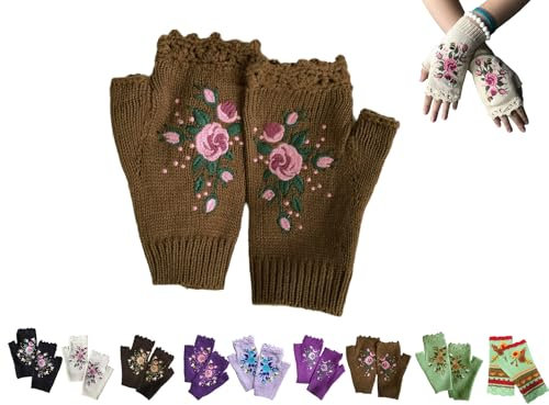 Handgestickt Fingerlose Handschuhe Damen Winter Blumen Stickerei Armstulpen Handschuhe Damen Pulswärmer Strick Handstulpen Kurz Gestrickte Halb Fingerlose Fäustlinge Fingerlose Handwärmer (04)