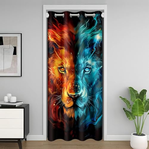 Loussiesd Löwe Türvorhang 86x203cm Safari Drucken Vorhang Raumdekoration 3D Wildtiere Muster Türvorhang Dekorativ Orange Blau Vorhang Dekor Vorhang