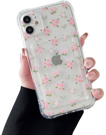 DEFBSC Case for iPhone 11, Transparent Back Card Holder with Floral Pattern Design for Women Girl - Soft Clear TPU Shockproof Protective Small Flower