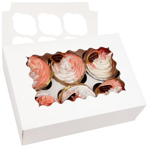 Gcardist Automatischer Popup 6 Cupcake-Boxen mit Fenster Weiße 12 Stück Cupcake-Boxen 23.87x15.49x7.62cm Bäckerei-Boxen für Cupcake-Träger, Cupcake-Behälter