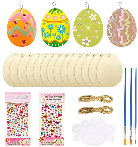 Forbabe 56TLG Ostern Basteln Holz, Oster Bastelset - 50 Ostern Eier Holzscheiben mit Loch/Holzeier zum Aufhängen mit Hanfseil/Strass Selbstklebend DIY Basteln/Ölpinsel & Bemalen Farbwanne Set