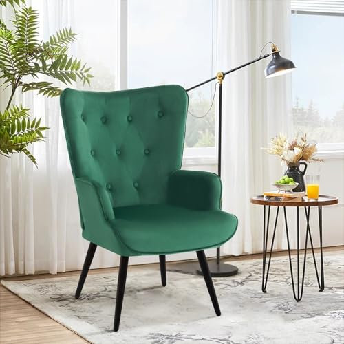 Ckaff Sessel Ohrensessel, Relaxsessel aus Samt Lesesessel mit Hoher Rückenlehne Loungesessel Polstersessel mit Metallbeinen fürs Wohnzimmer Schlafzimmer Arbeitszimmer Gästezimmer, Grün