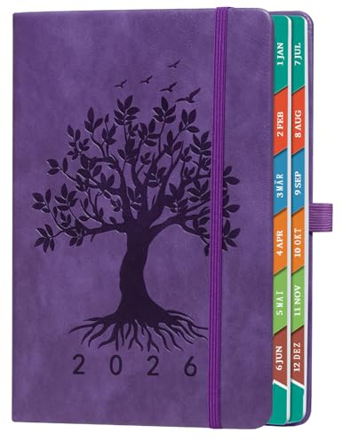 ZXHQ Kalender 2026 – Tagesplaner A5 Deutsch, 1 Tag 1 Seite Terminplaner (Jan – Dez 2026), mit Monatsübersicht, Deutschen Feiertagen, Inspirierenden Zitaten & Innentasche - Lila