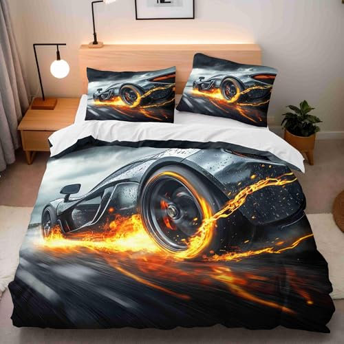 YZQGLHP Sportwagen Bettwäsche 135x200 Flamme, Wendebettwäsche & Zimmer Deko, Weiche Microfaser Bettbezug Set 2 Teilig, 2 Kissenbezug 80x80, mit Reißverschluss