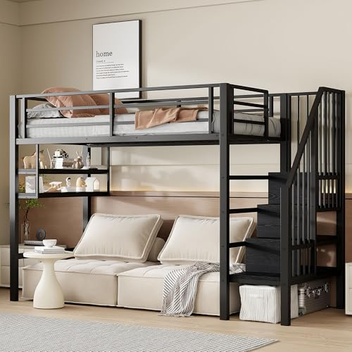 Hochbett Metallbett 90x200, Etagenbett mit 2 Regalen, Treppen und Stauraum, Kinderbett Jugendbett Einzelbett Bettgestell Stockbett Spielbett Jugendhochbett mit Rausfallschutz, Ohne Matratze, Schwarz