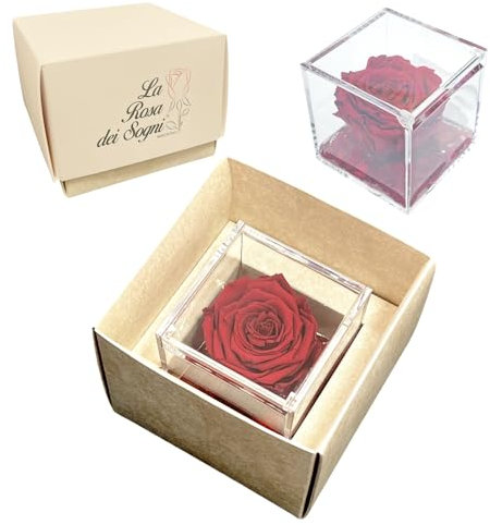 Tesori Nascosti Rosa rossa stabilizzata profumata in Cubo Trasparente - Made in Italy - Confenzione Regalo Elegante - Dura 5-7 anni - 12x12 cm