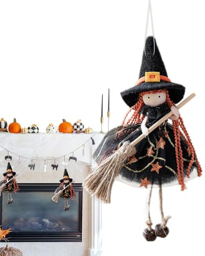 Adorno de muñeca de bruja colgante | Figura de bruja pequeña de Halloween con falda de gasas, muñeca de hechicera con escoba, decoración colgante de Halloween, para decorar puertas y ventanas de casas