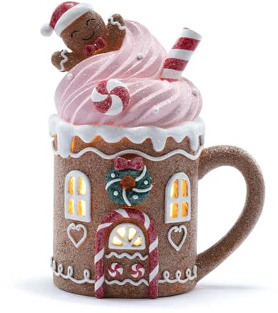 Napco Enchanting Light-Up Gingerbread Mug with Gingerbread Man & Whipped Cream 8.25 Inch Tall Resin Traditional LED Holiday Christmas Kitchen & Home Décor